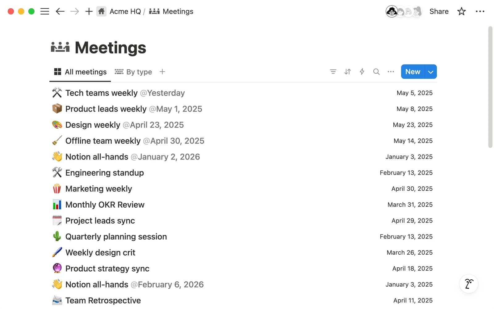 Meeting notes organized together in a Notion workspace — official product screenshot