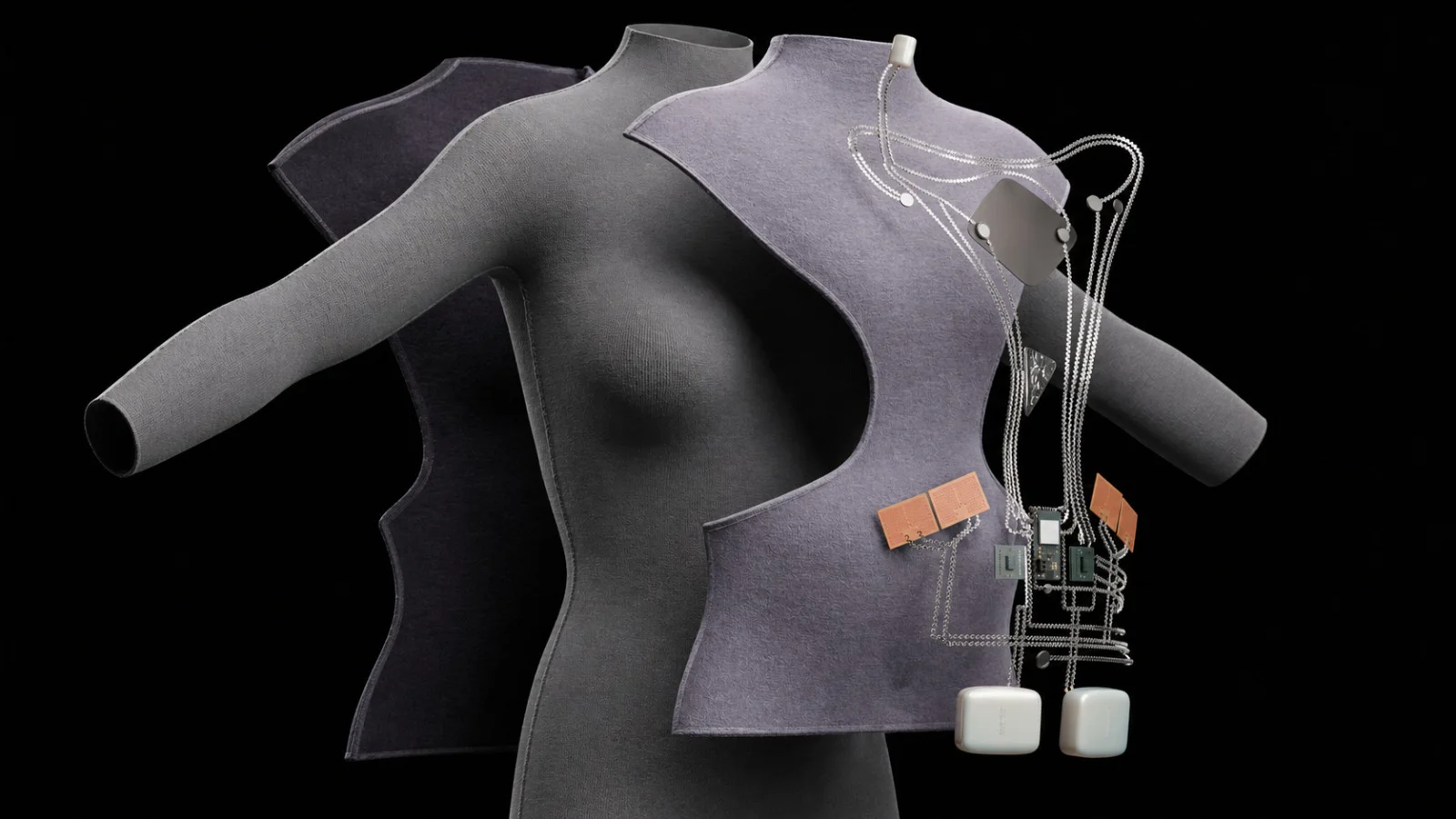Complete SIXTH wearable concept shown in an exploded view with its textile layers, sensors, and electronics